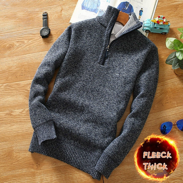 Winter Men&#39;s Fleece Thicker Sweater Half Zipper Turtleneck Warm Pullover Quality Male Slim Knitted Wool Sweaters for Spring