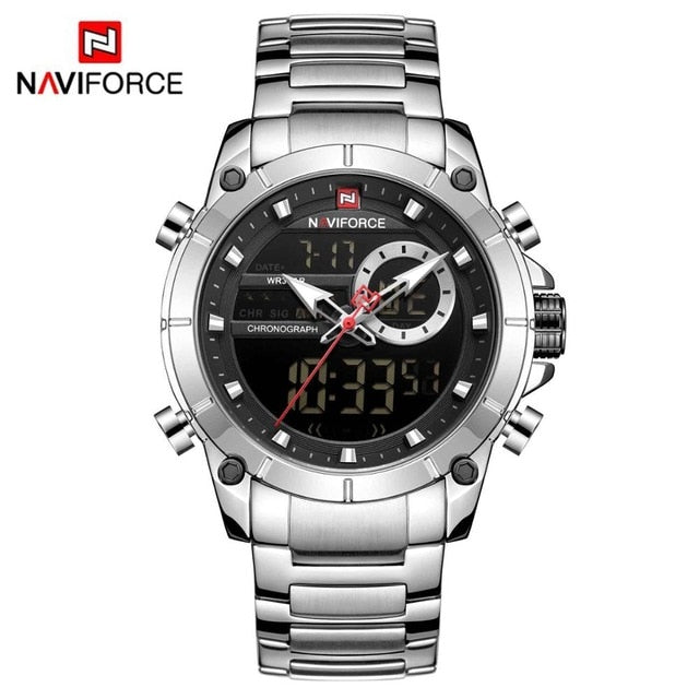 NAVIFORCE Men Military Sport Wrist Watch Gold Quartz Steel Waterproof Dual Display Male Clock Watches Relogio Masculino 9163