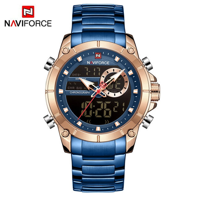 NAVIFORCE Men Military Sport Wrist Watch Gold Quartz Steel Waterproof Dual Display Male Clock Watches Relogio Masculino 9163