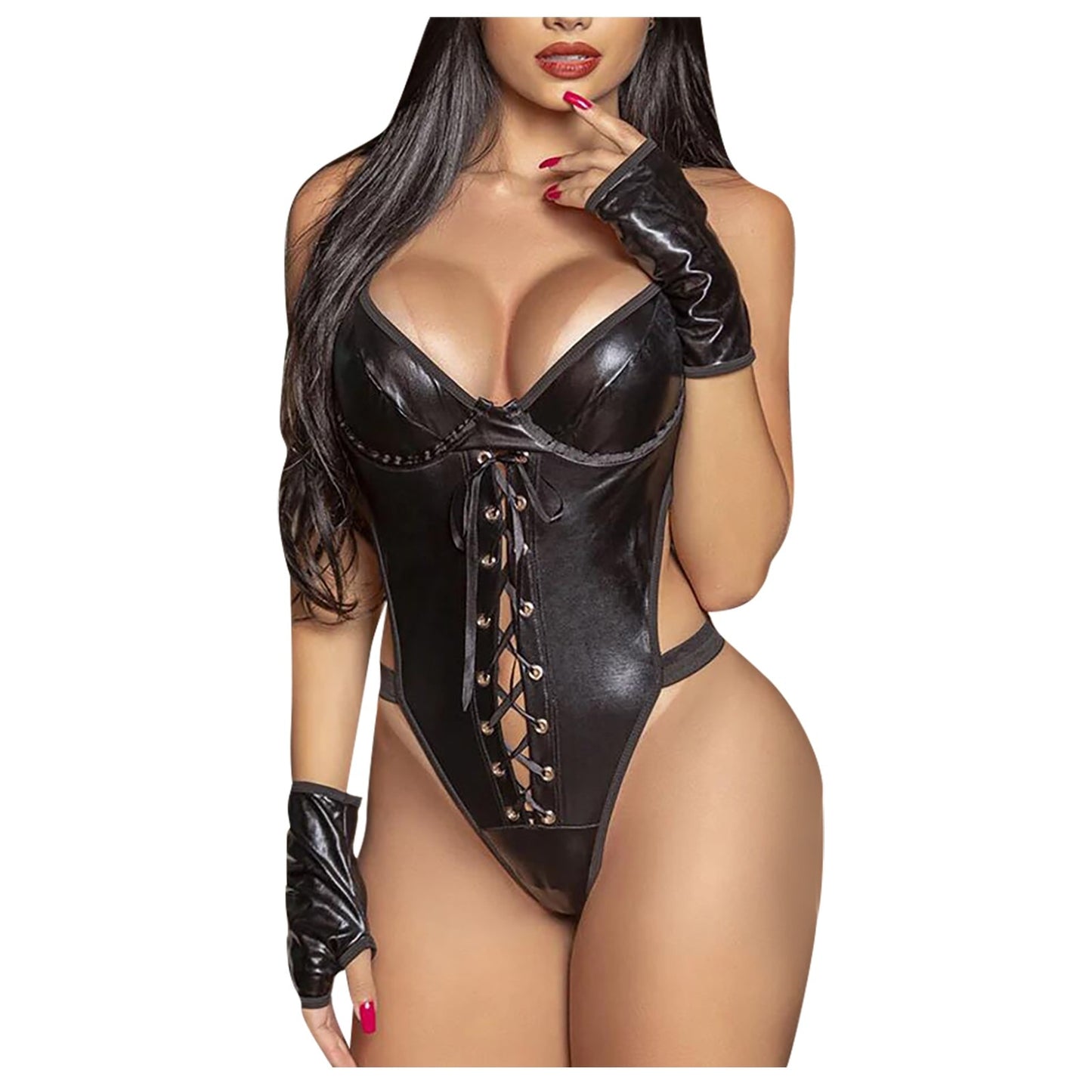 Sexy Leather Lingerie Erotic V-neck Strap Teddies Plus Size Women&#39;s Underwear Cross Bandage Sex Corsets Backless Exotic Costumes