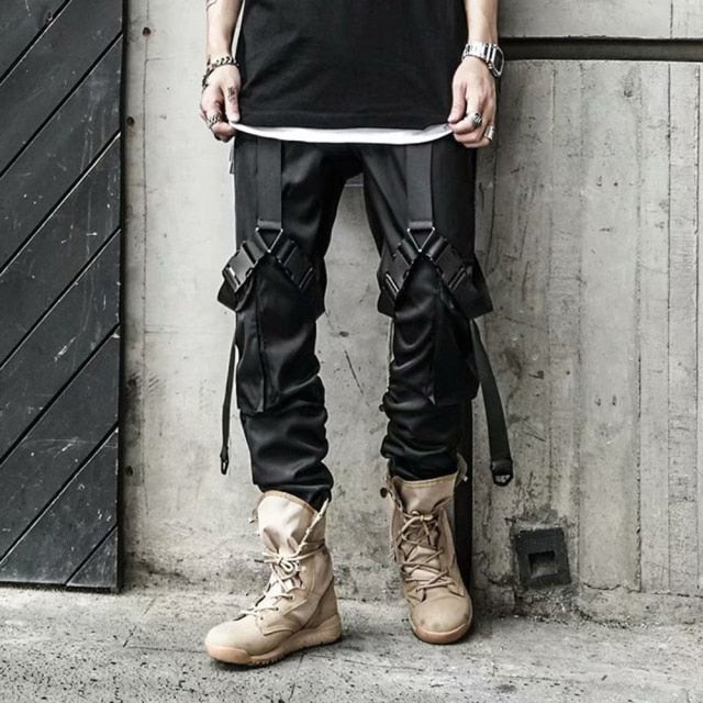 Joggers Cargo Pants for Men Casual Hip Hop Hit Color Pocket Male Trousers Sweatpants Streetwear Ribbons Techwear Pants