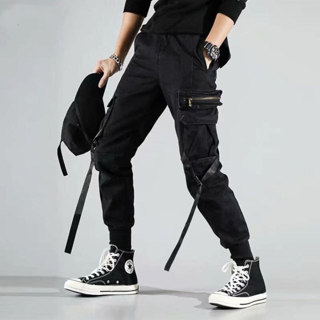 Joggers Cargo Pants for Men Casual Hip Hop Hit Color Pocket Male Trousers Sweatpants Streetwear Ribbons Techwear Pants