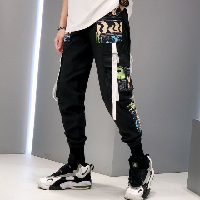 Joggers Cargo Pants for Men Casual Hip Hop Hit Color Pocket Male Trousers Sweatpants Streetwear Ribbons Techwear Pants