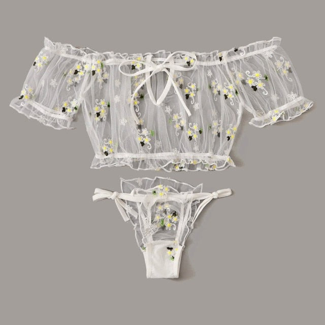 Sexy Lingerie Flowers Embroidery Lace Bra Panties Underwear Women Set Transparent Mesh Erotic Lingerie Sexy Sleepwear Plus Size