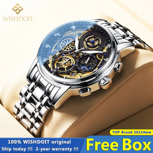 WISHDOIT Original Watch for Men&#39;s Waterproof Stainless Steel Quartz Analog Fashion Business Sun Moon Star Wristwatches Top Brand