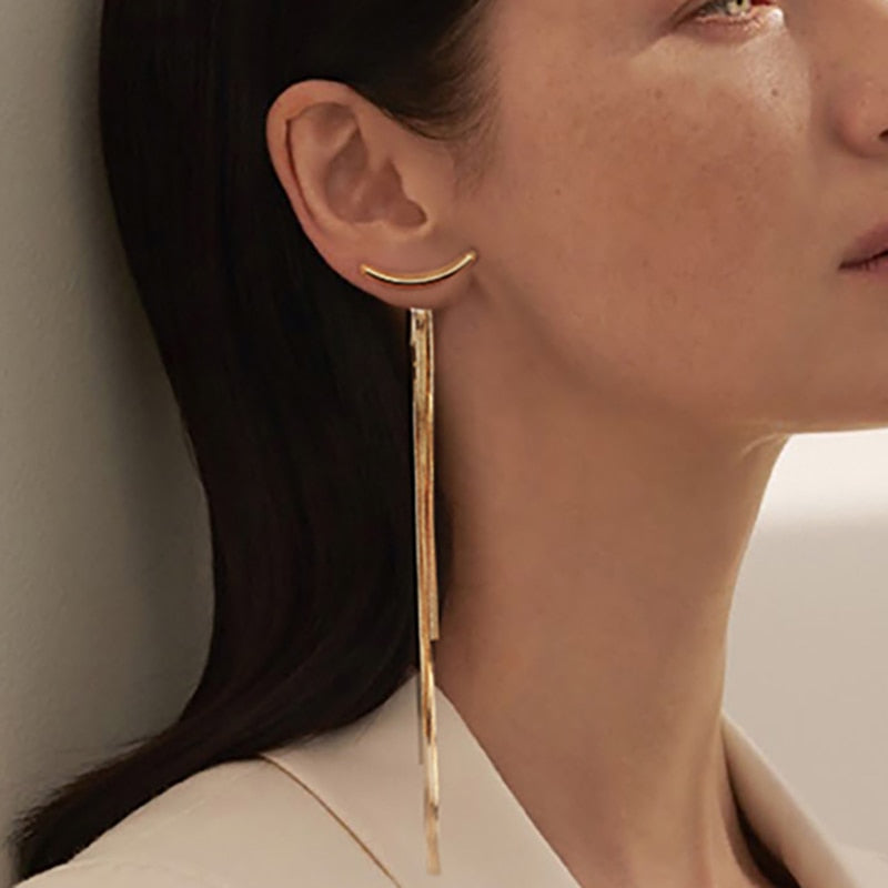 Korean Vintage Glossy Arc Bar Long Tassel Drop Earrings for Women Gold Geometric Fashion Jewelry Luxury Hanging Pendientes