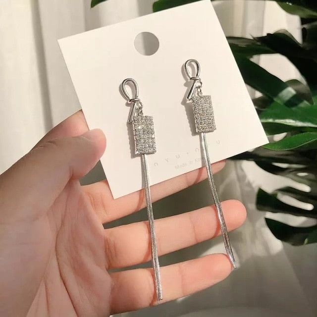 Korean Vintage Glossy Arc Bar Long Tassel Drop Earrings for Women Gold Geometric Fashion Jewelry Luxury Hanging Pendientes