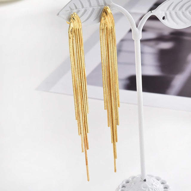 Korean Vintage Glossy Arc Bar Long Tassel Drop Earrings for Women Gold Geometric Fashion Jewelry Luxury Hanging Pendientes