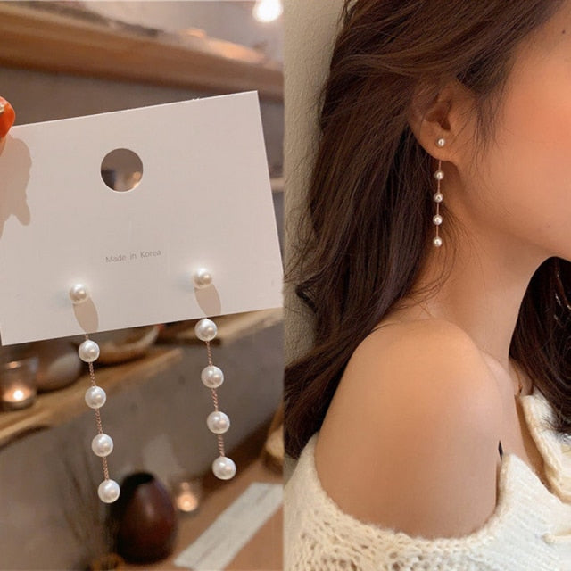 Korean Vintage Glossy Arc Bar Long Tassel Drop Earrings for Women Gold Geometric Fashion Jewelry Luxury Hanging Pendientes