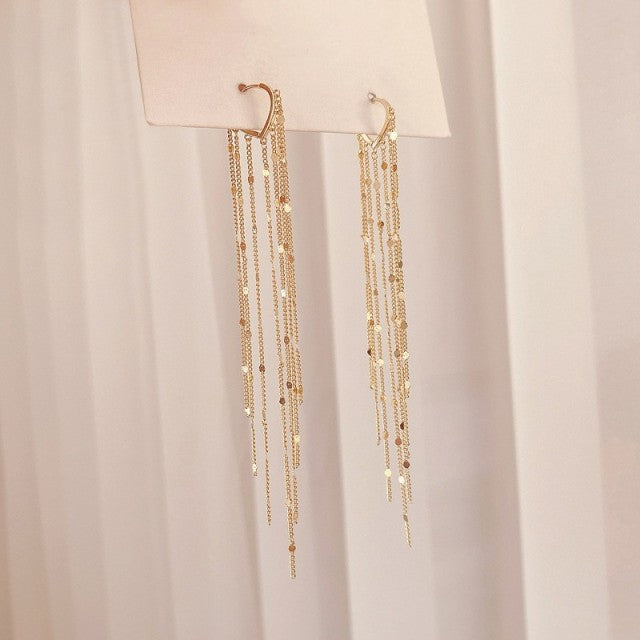 Korean Vintage Glossy Arc Bar Long Tassel Drop Earrings for Women Gold Geometric Fashion Jewelry Luxury Hanging Pendientes