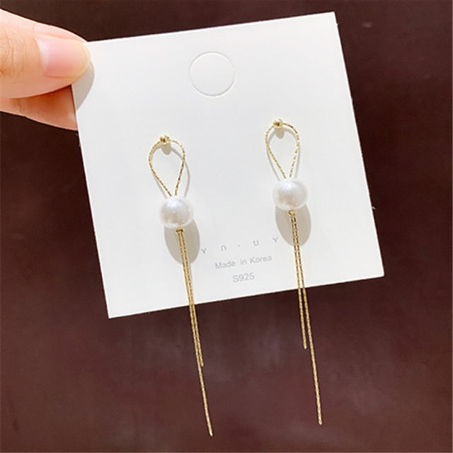 Korean Vintage Glossy Arc Bar Long Tassel Drop Earrings for Women Gold Geometric Fashion Jewelry Luxury Hanging Pendientes